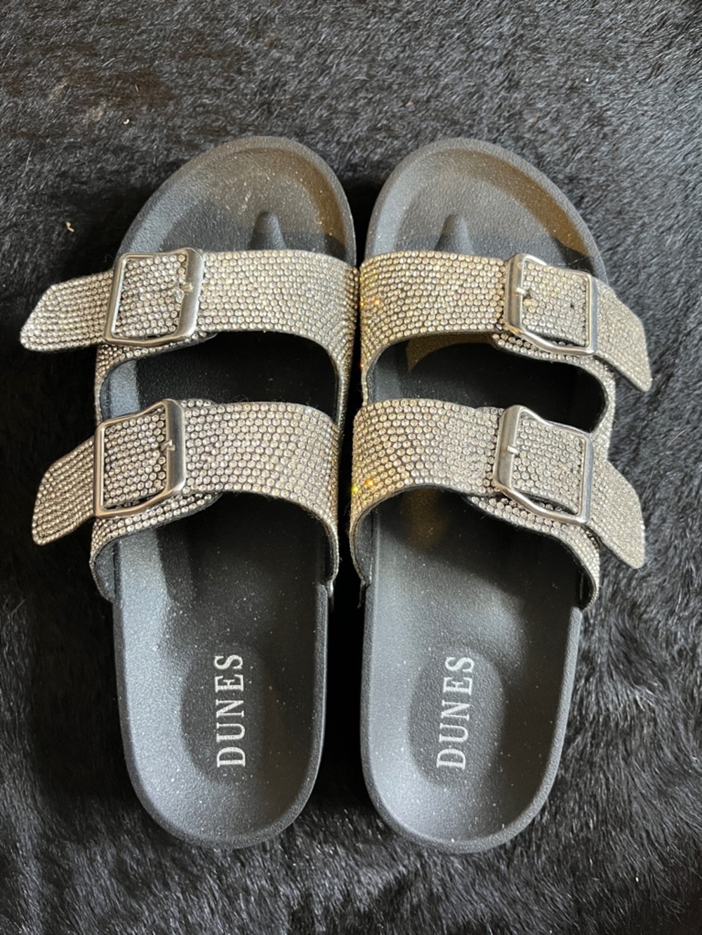 Dunes Women's Sparkle Double-Buckle Slide Sandals in Black worn once